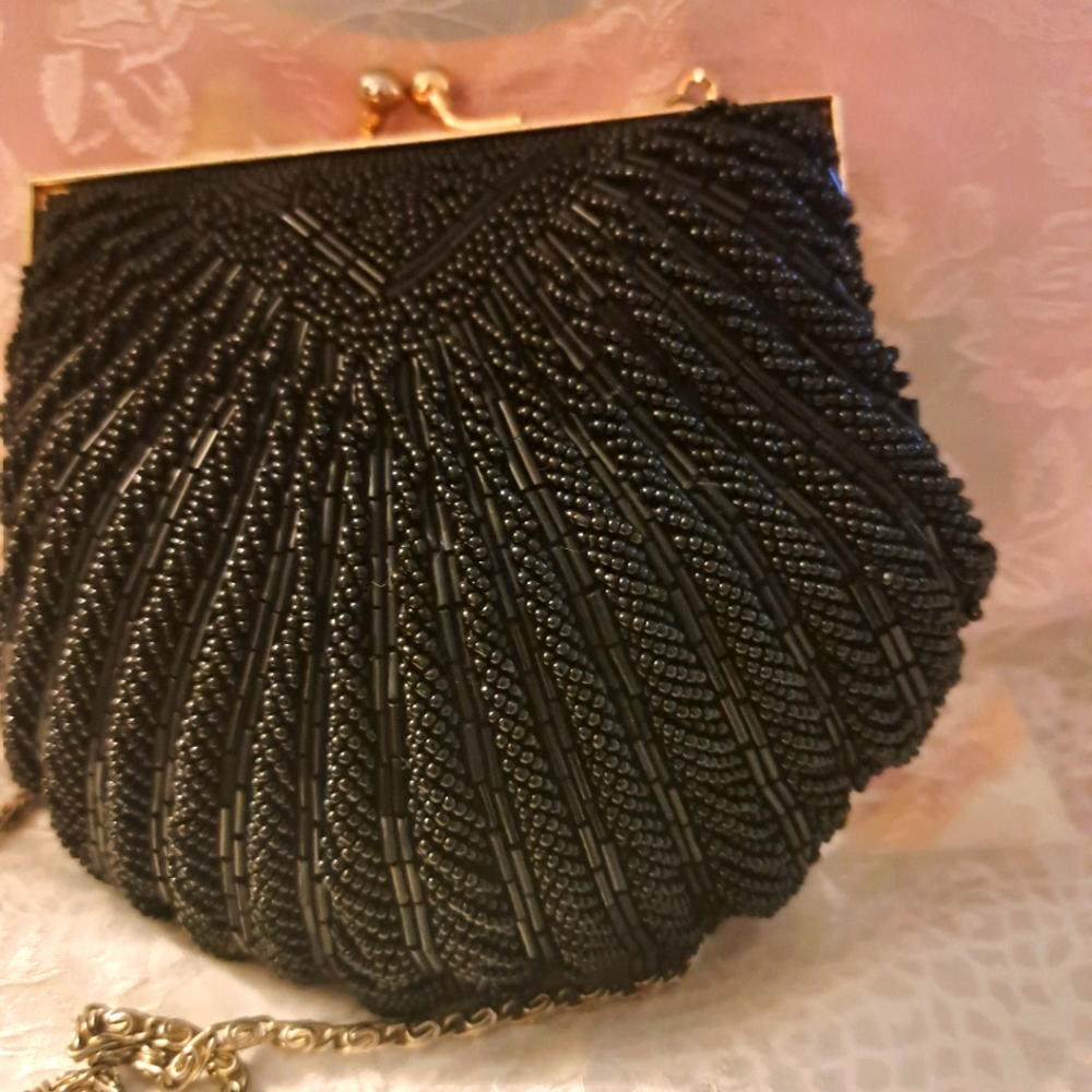 Elegant Black Beaded Clutch/Evening Bag.